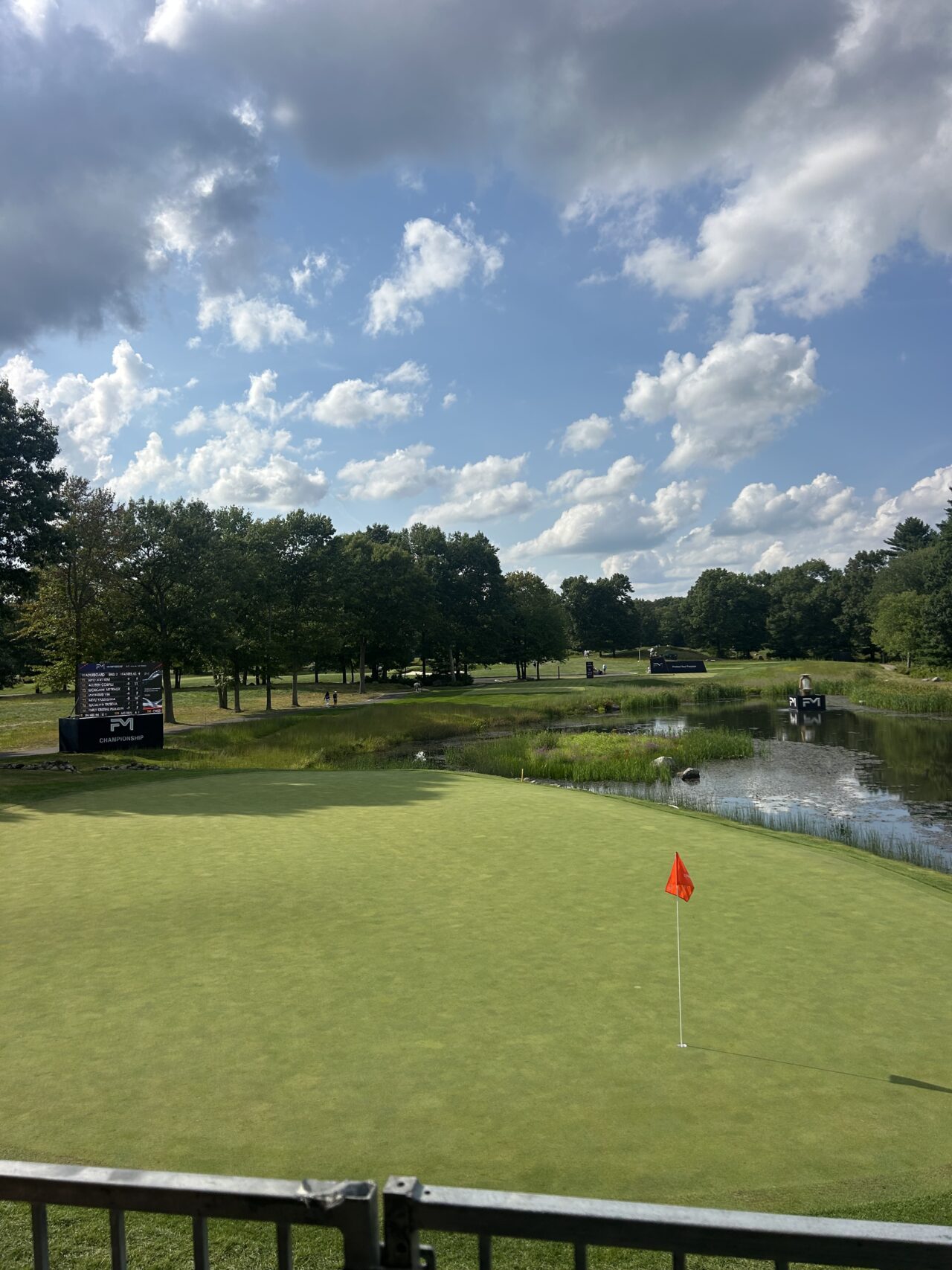 Golf green with an orange flag near a water hazard and trees in the distance under a partly cloudy sky.