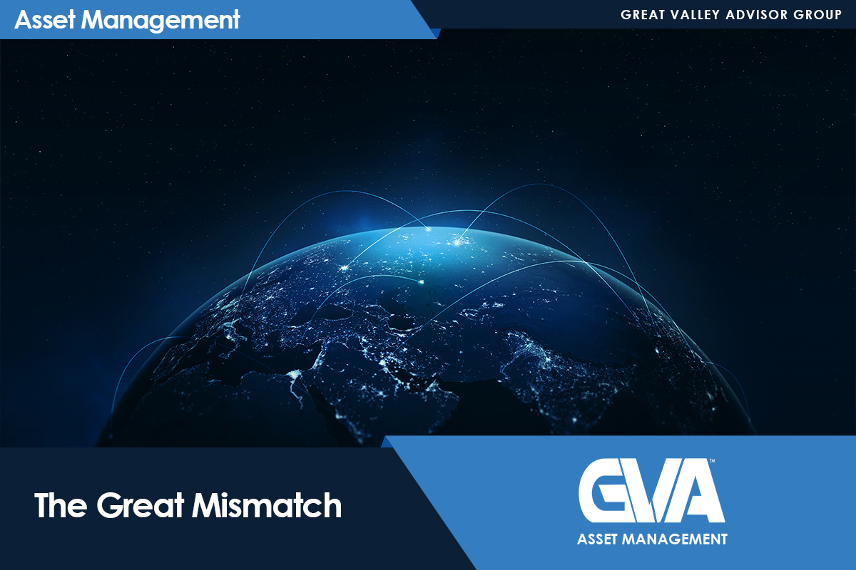 Hero banner for The Great Mismatch by GVA Asset Management, featuring a glowing Earth with network arcs and blue branding bars at top and bottom.