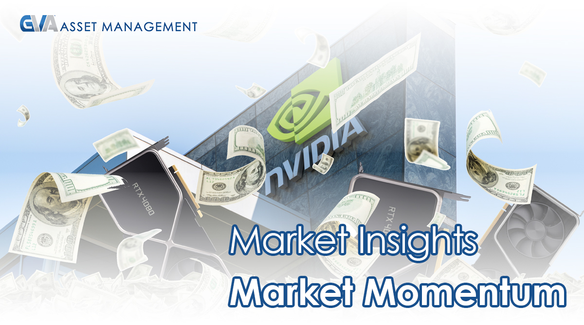 CVA Asset Management banner showing money raining on laptops and GPUs near a corporate building with the headline 'Market Insights Market Momentum'.